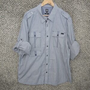 Cavi Shirt Mens Plus 3X Blue Striped Button Up Roll Tab Sleeve Pockets Casual